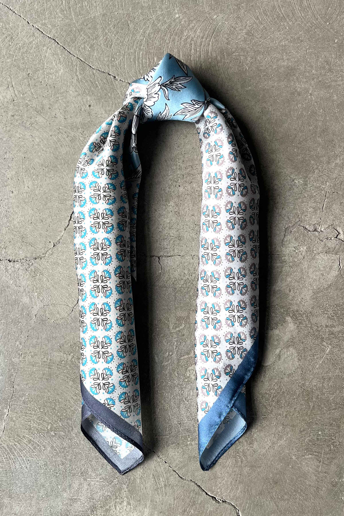 Silk scarf off white blue graphic flower