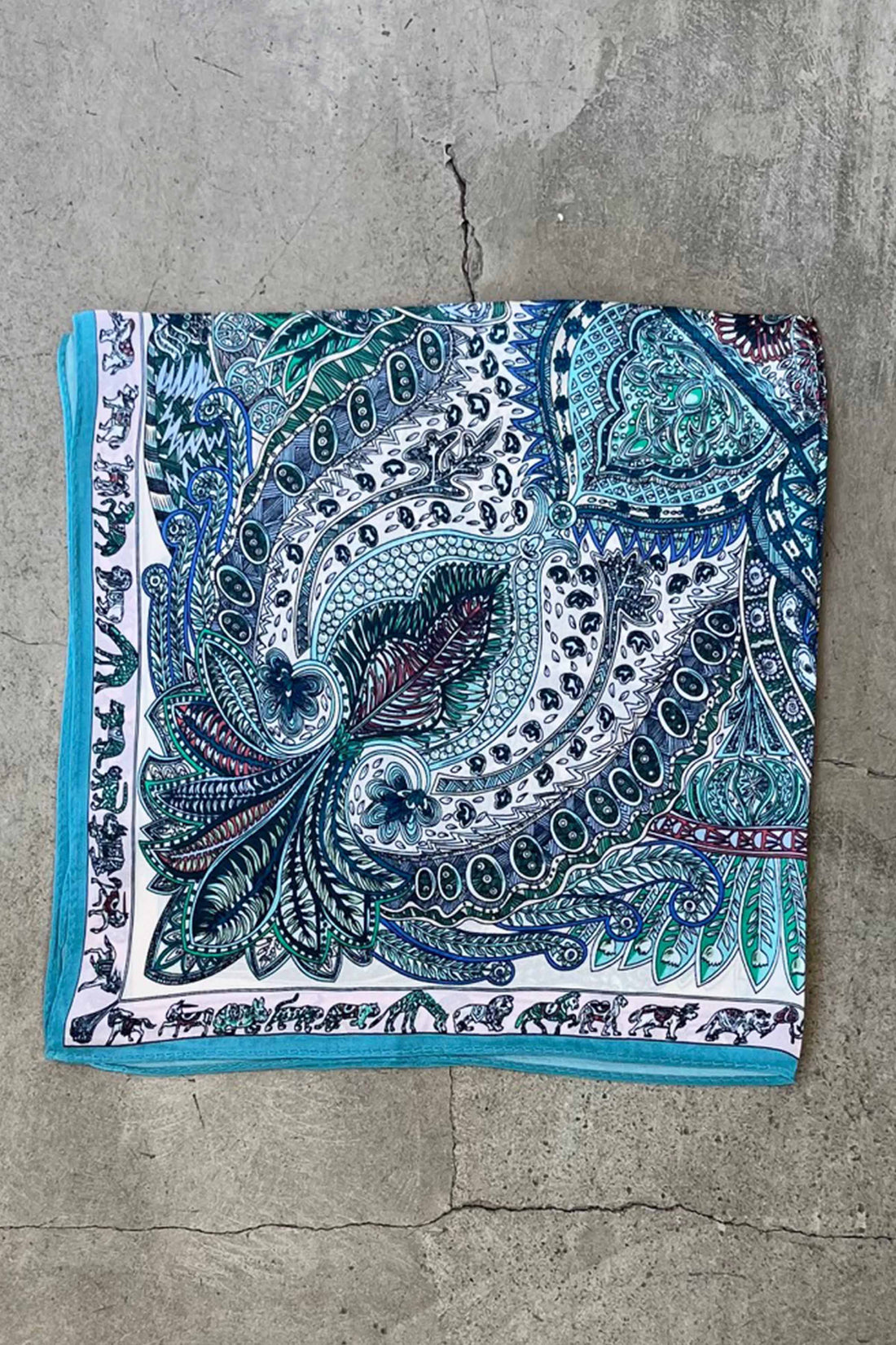 Silk scarf green/blue paisley