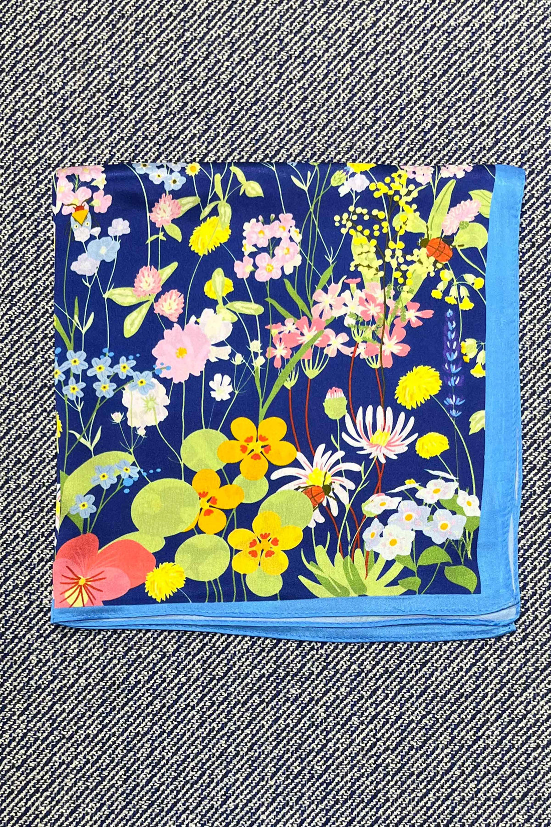 Silk scarf blue/rose/yellow multi flower/butterflies
