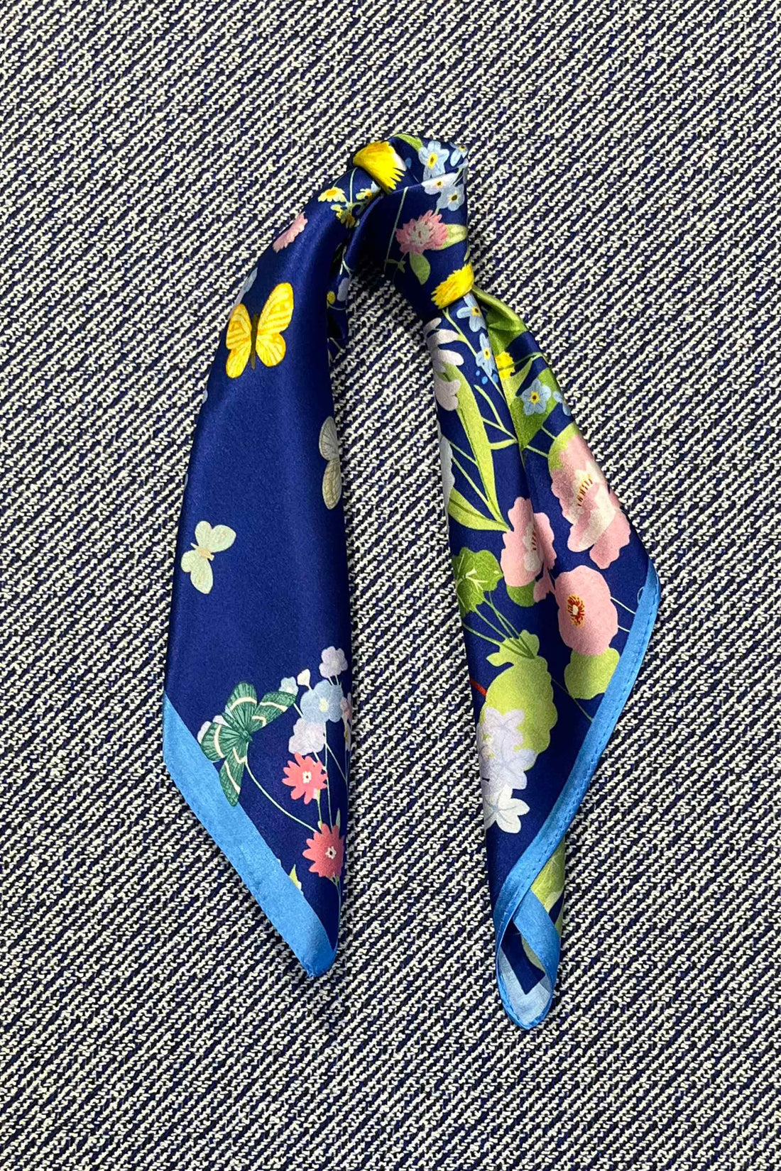 Silk scarf blue/rose/yellow multi flower/butterflies