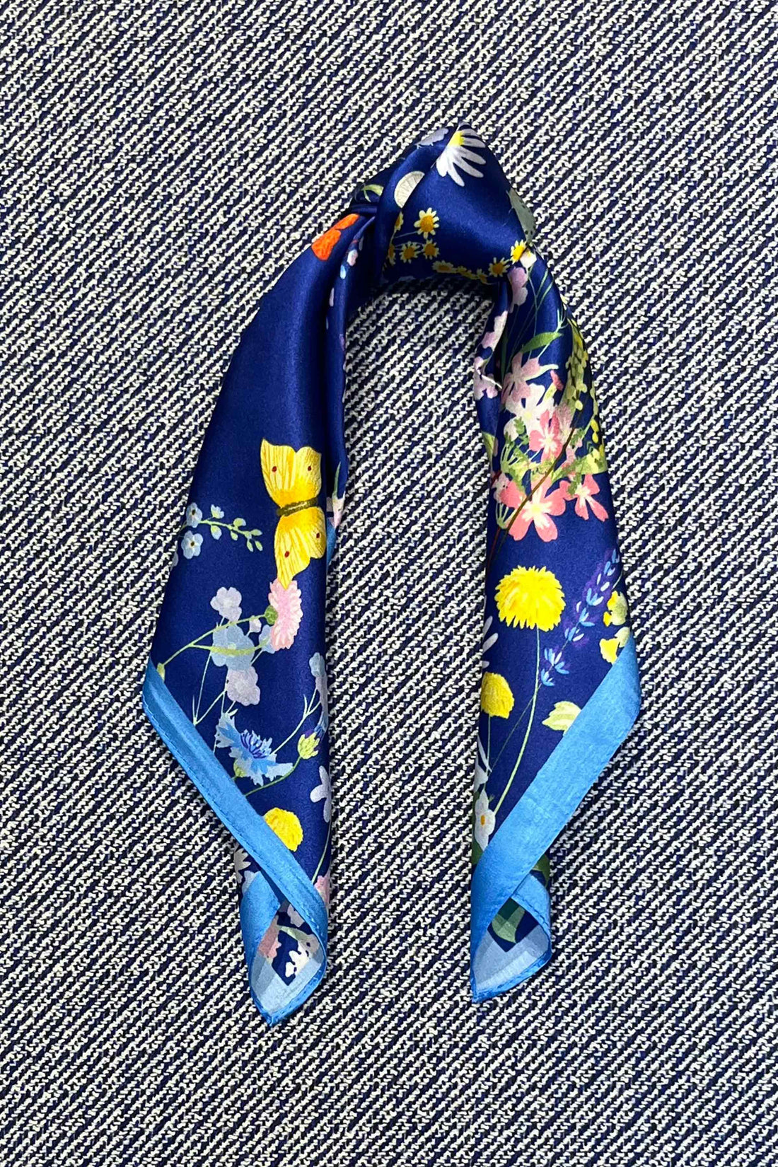 Silk scarf blue/rose/yellow multi flower/butterflies