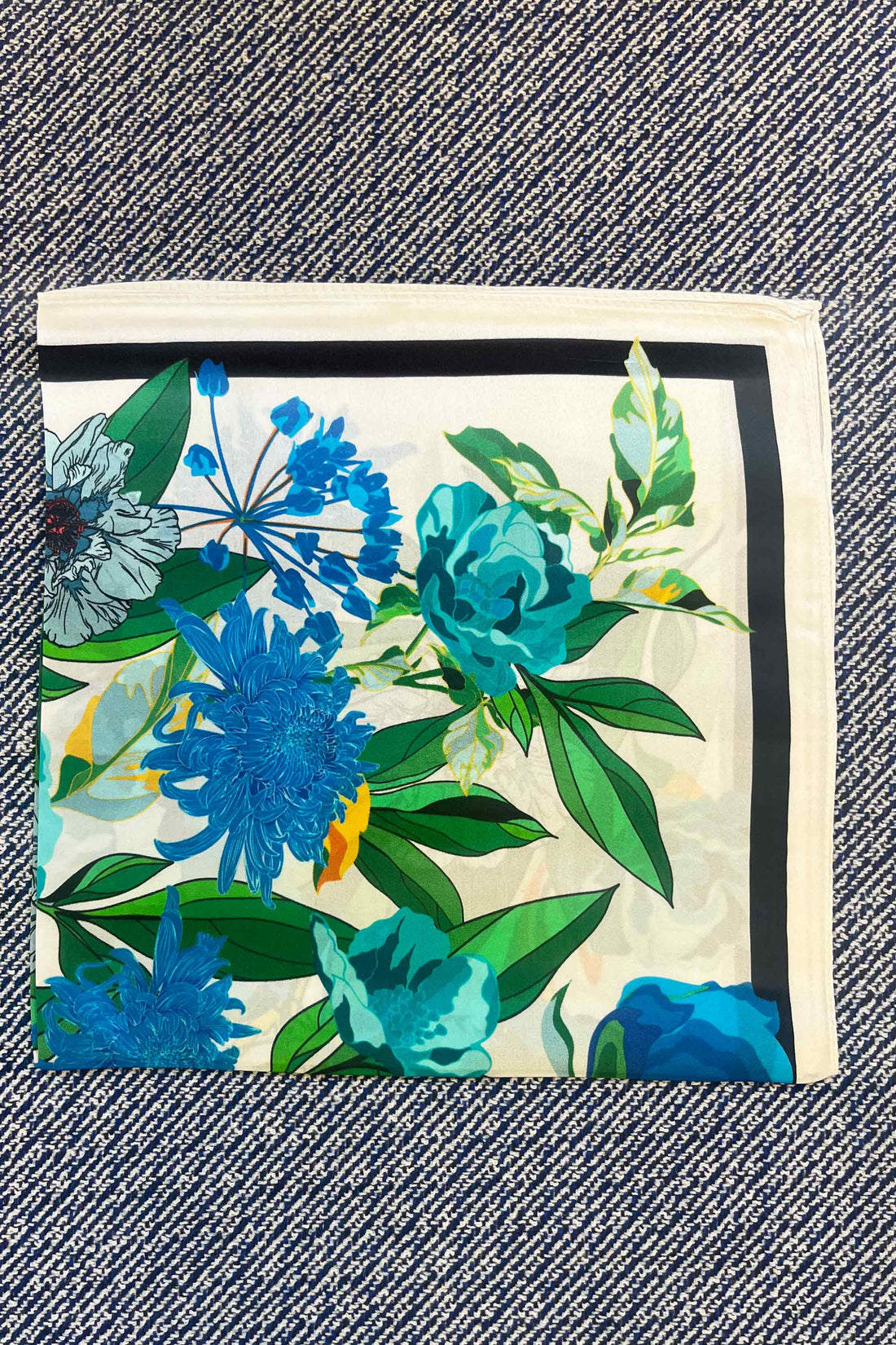 Silk scarf cream blue multi flower