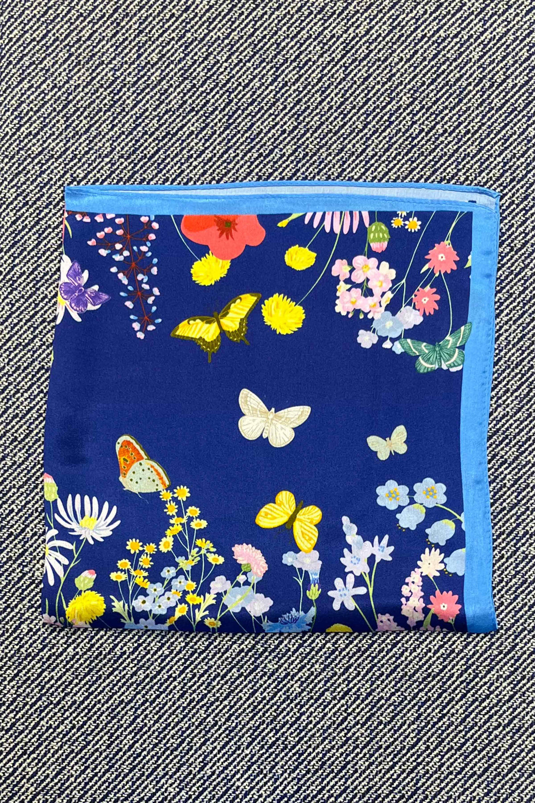 Silk scarf blue/rose/yellow multi flower/butterflies