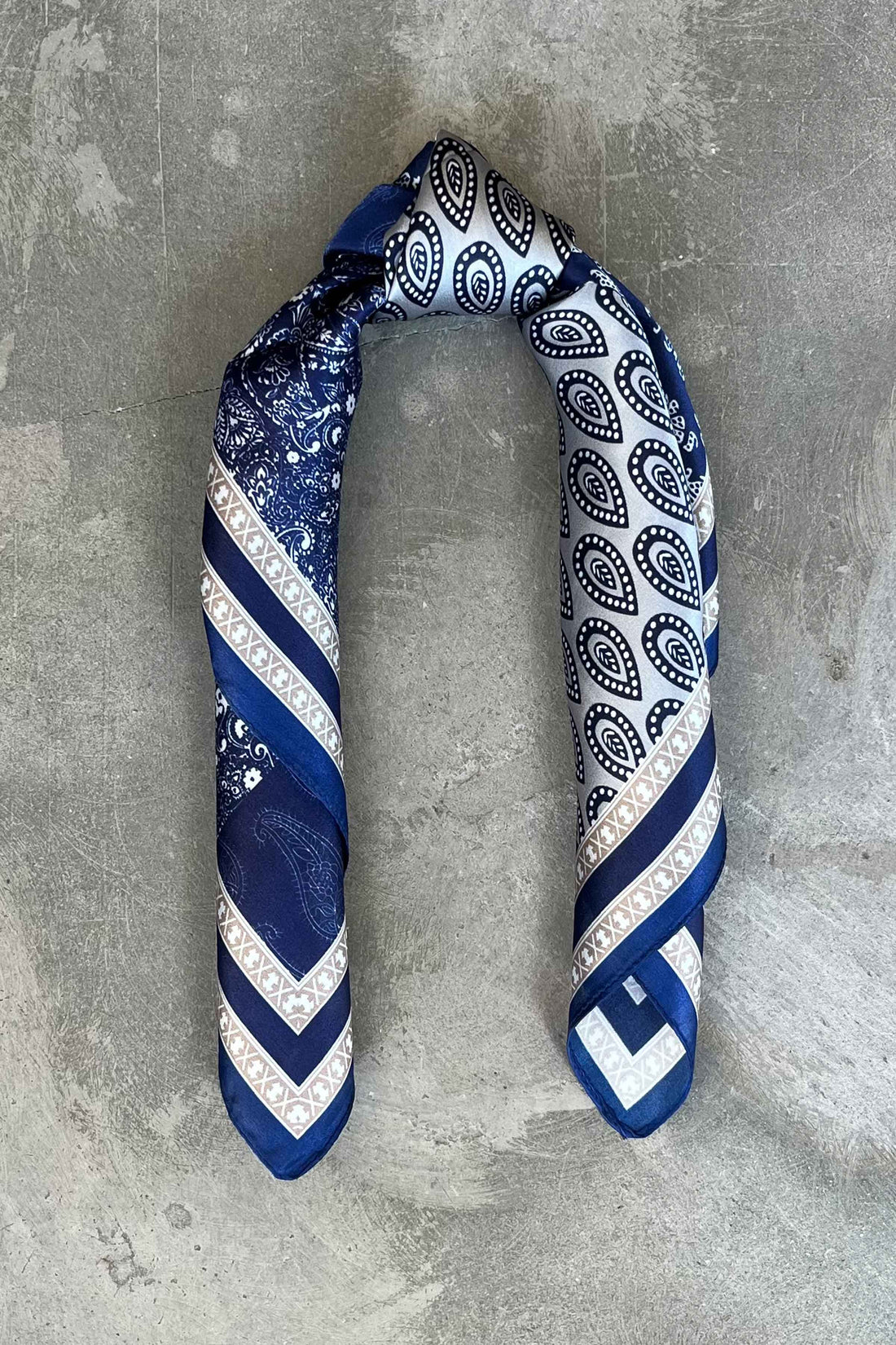 Silk scarf cream/navy patchwork paisley