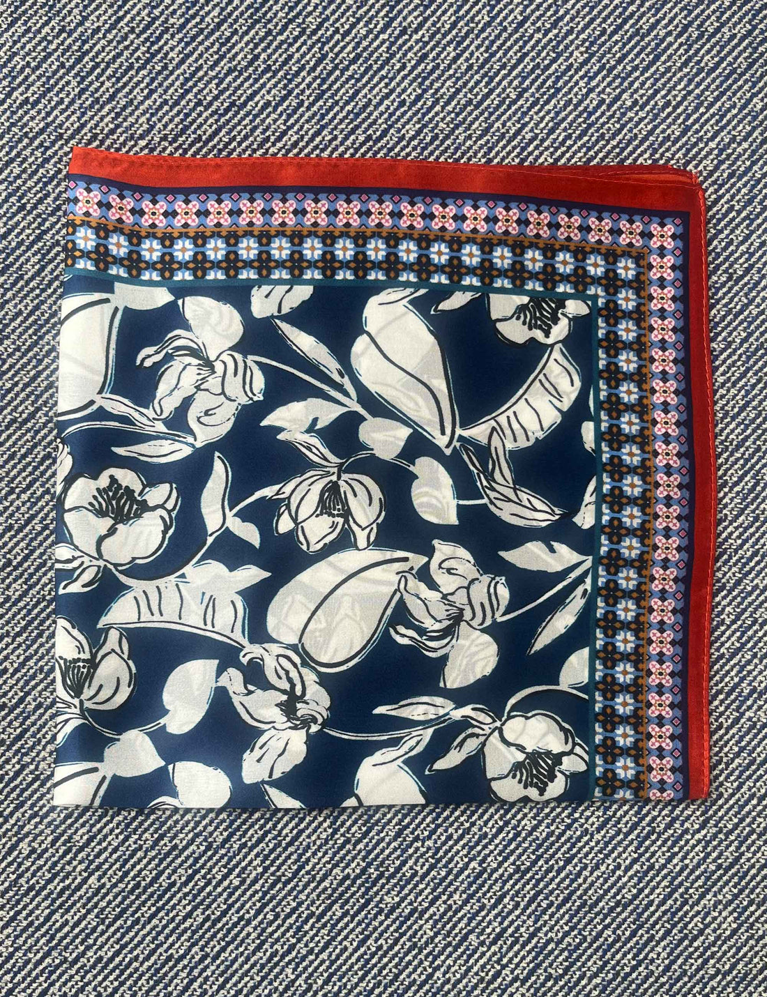 Silk scarf blue/white flower/orange/rose graphic