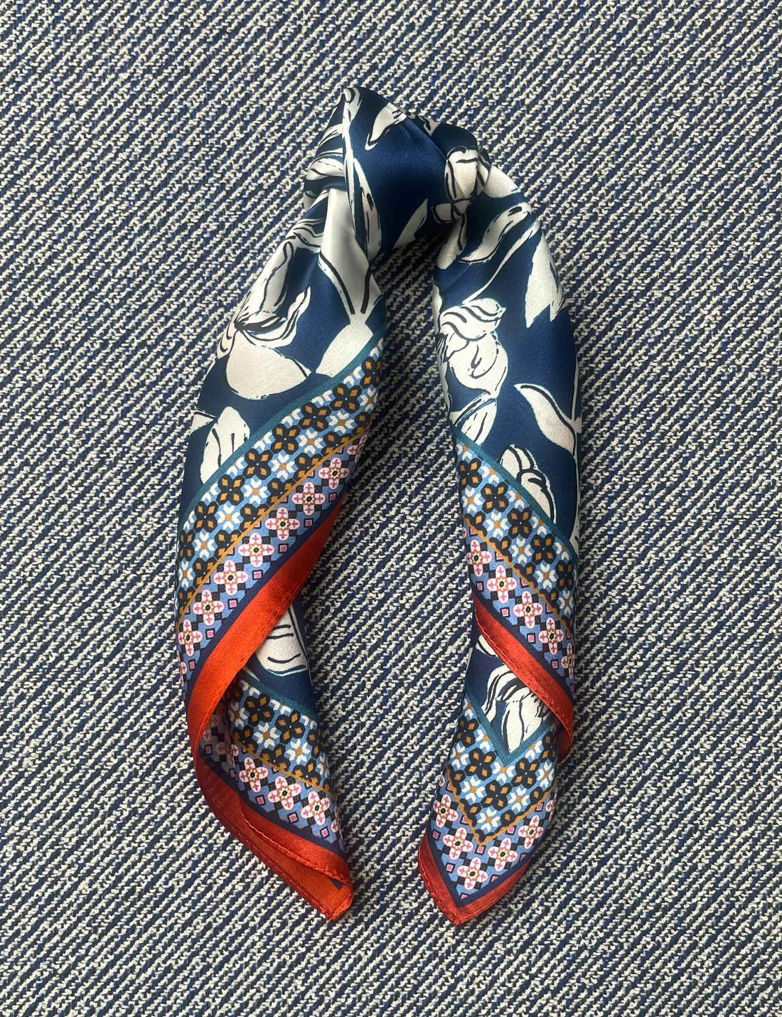 Silk scarf blue/white flower/orange/rose graphic