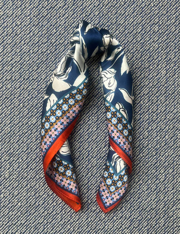 Silk scarf blue/white flower/orange/rose graphic