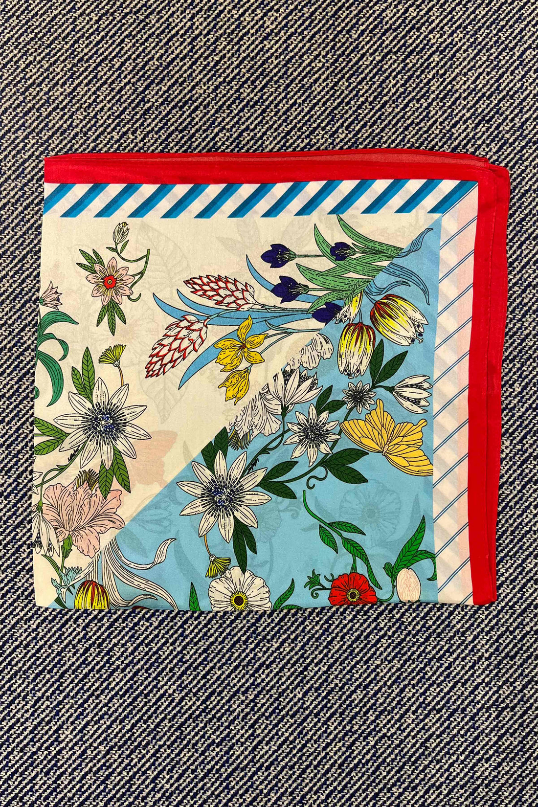 Silk scarf light blue/off white/red multi flower