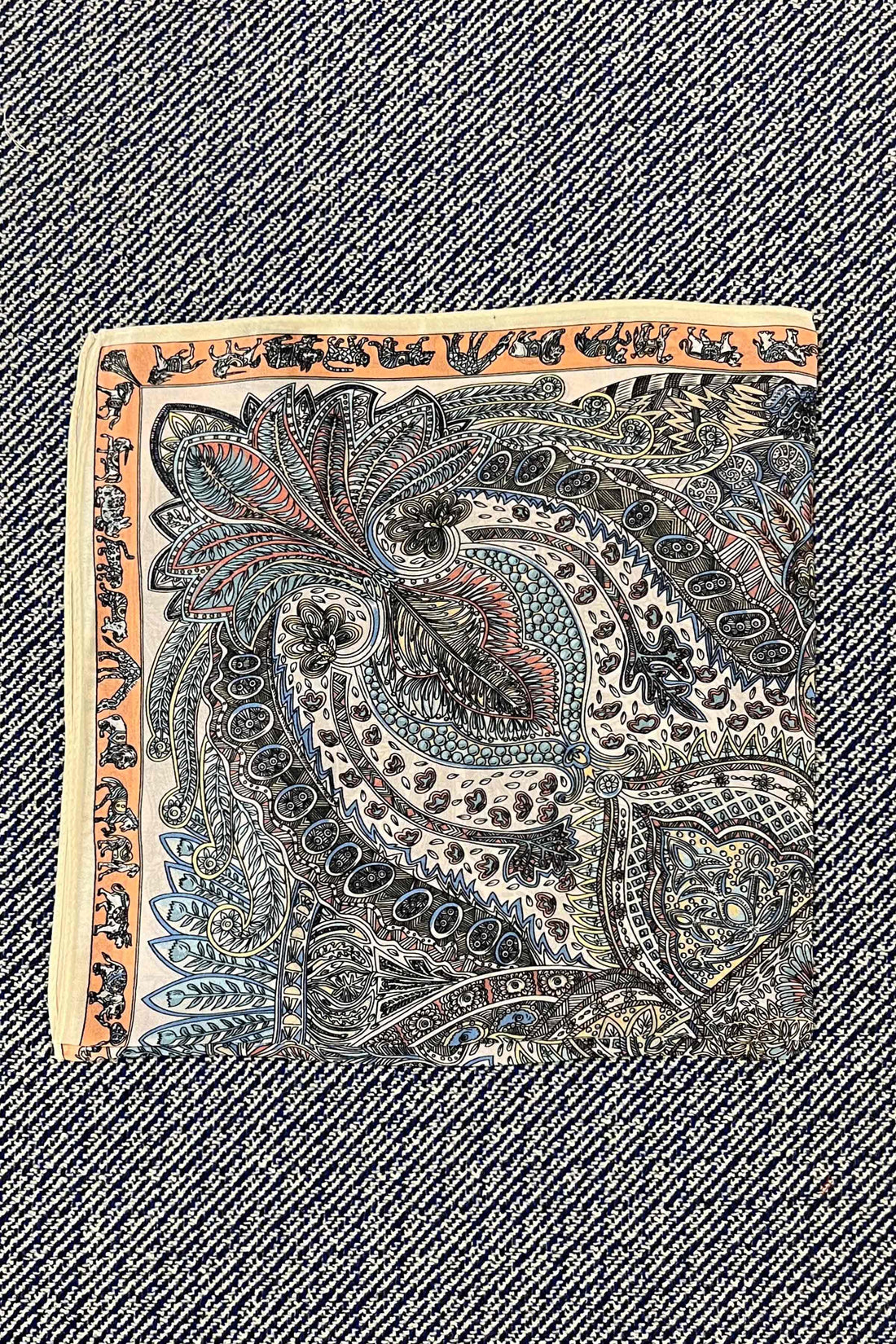 Silk scarf blue/yellow/peach pastel