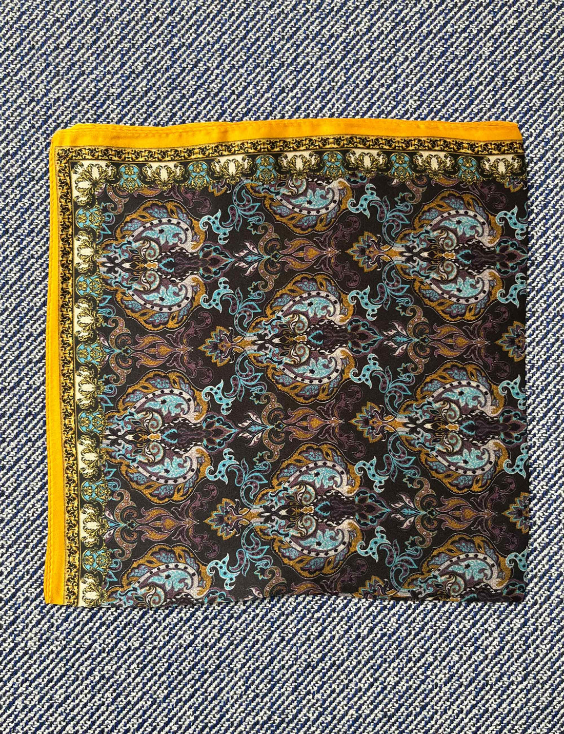 Silk scarf dark brown/purple/blue rococo paisley