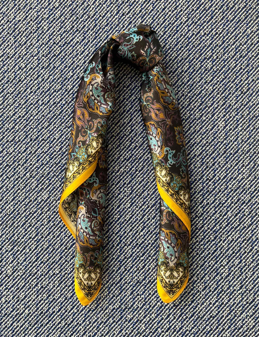 Silk scarf dark brown/purple/blue rococo paisley