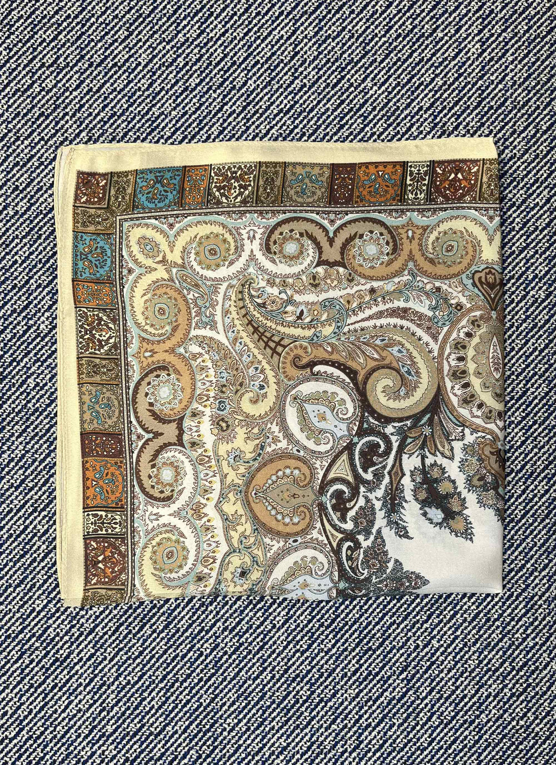 Silk scarf vanilla/brown/beige/turquoise paisley