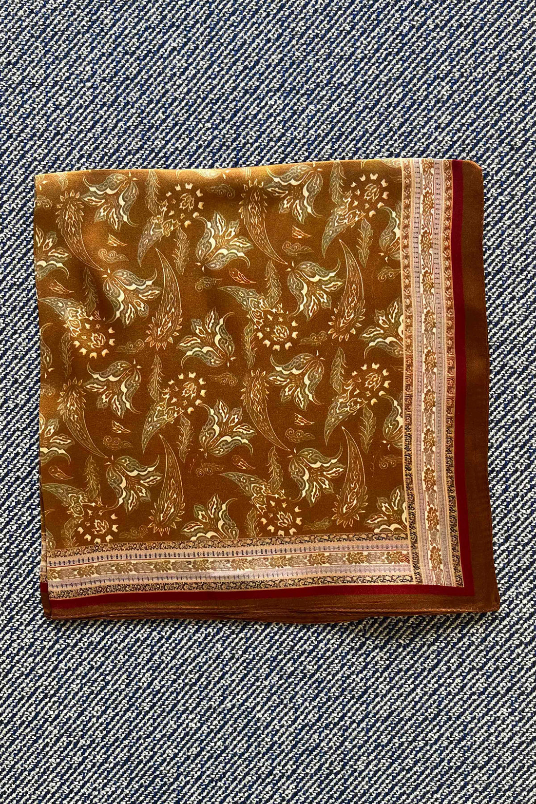 Silk scarf rust brown/army white paisley