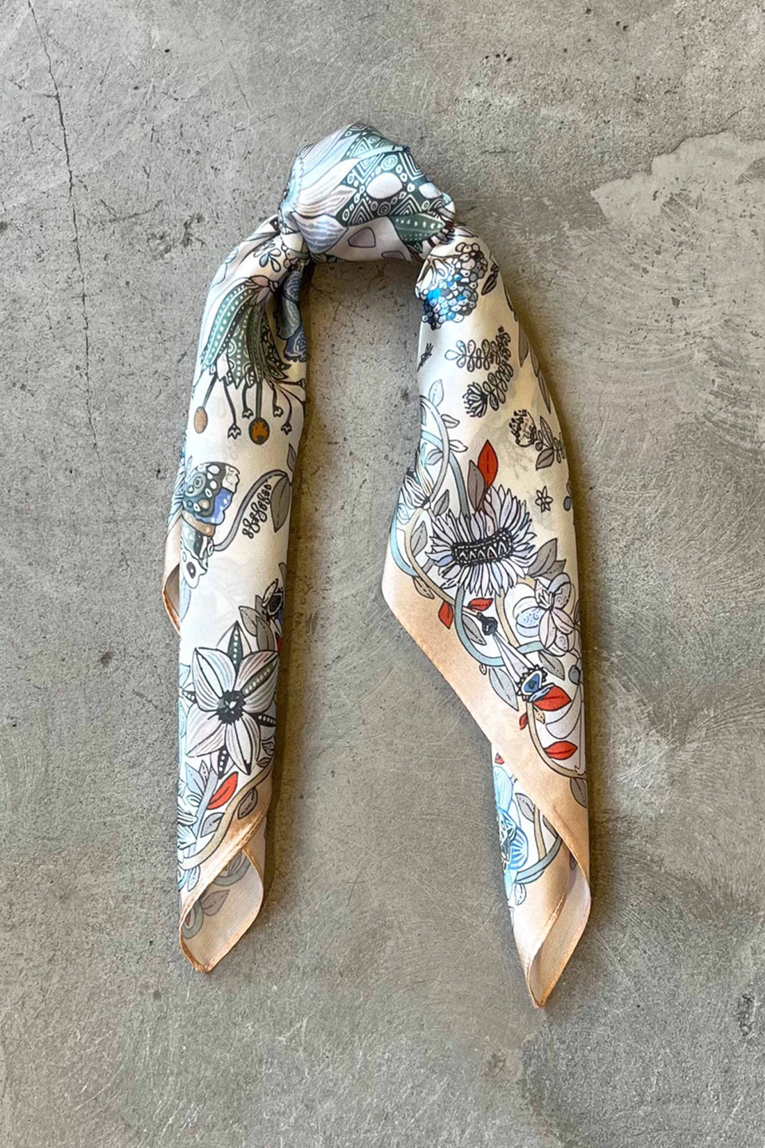 Silk scarf cream/grey/blue flower/butterflies