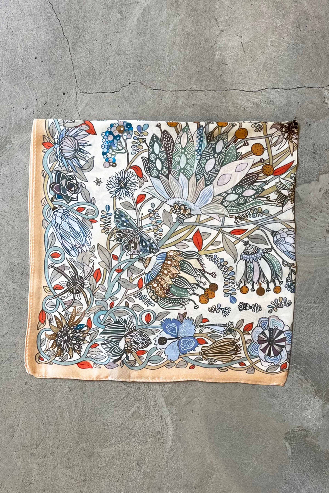 Silk scarf cream/grey/blue flower/butterflies