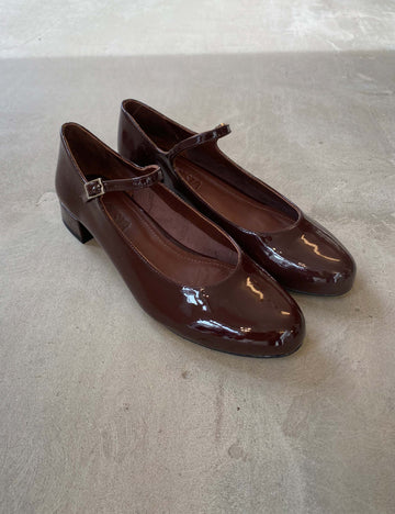 Emilia mary janes glossy chocolate patent leather