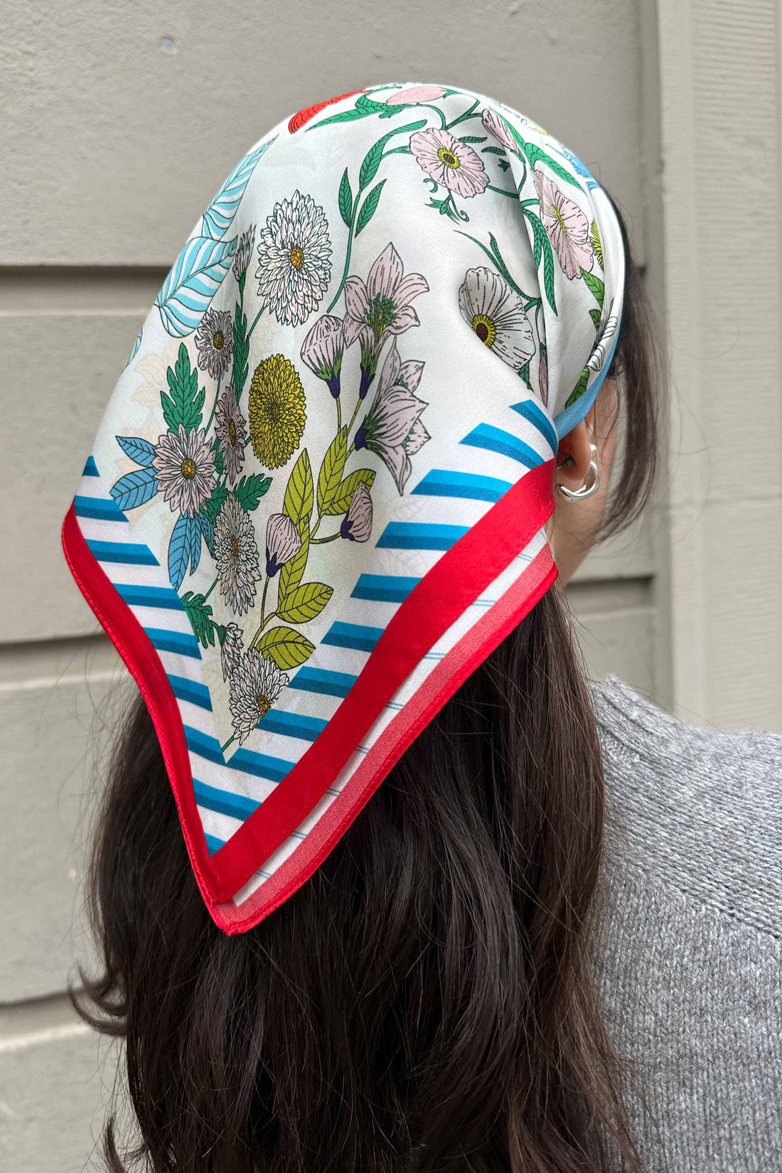 Silk scarf light blue/off white/red multi flower