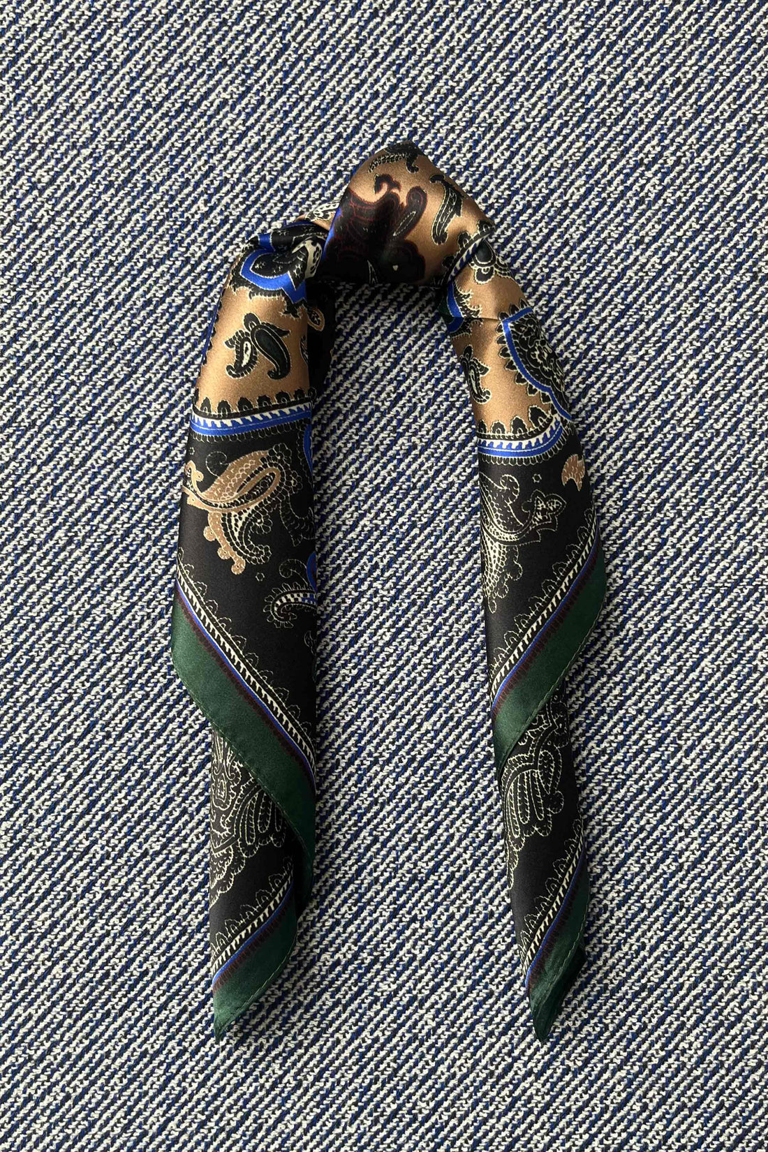 Silk scarf camel/black/bottle green paisley