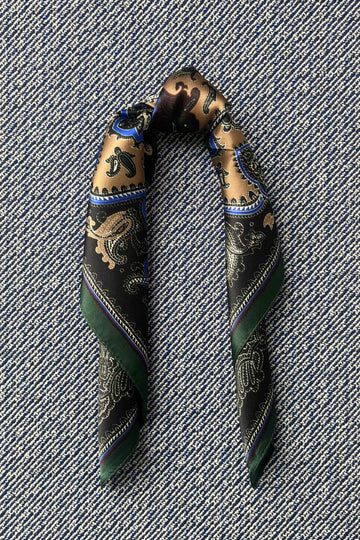 Silk scarf camel/black/bottle green paisley
