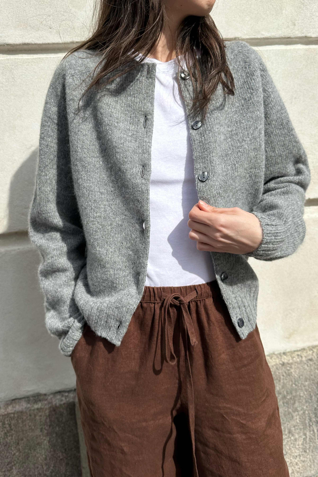 Lambswool crew-neck cardigan grey melange