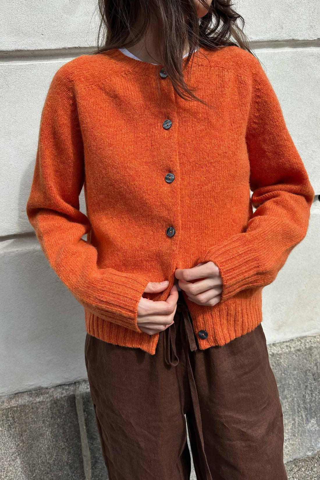 Lambswool crew-neck cardigan satsuma