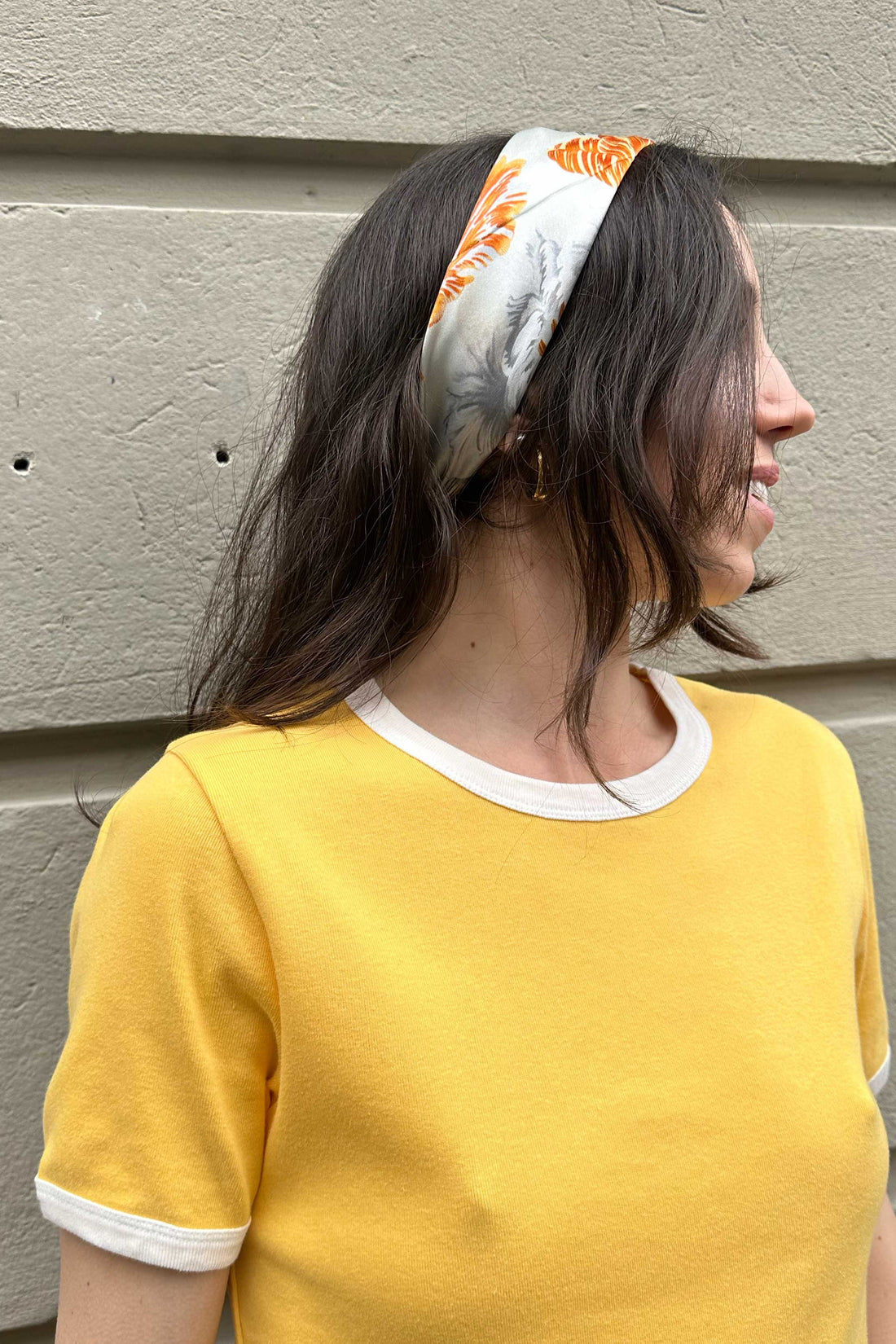 Silk scarf light blue/orange flowers