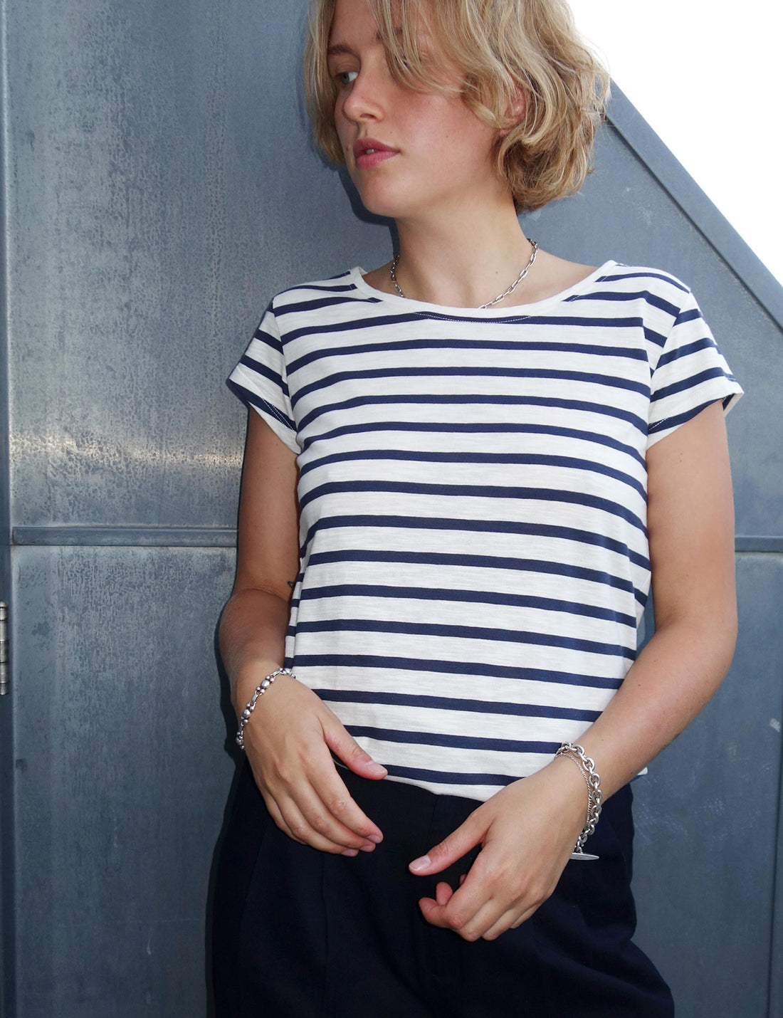 Liu short sleeve t-shirt navy/cream stripe