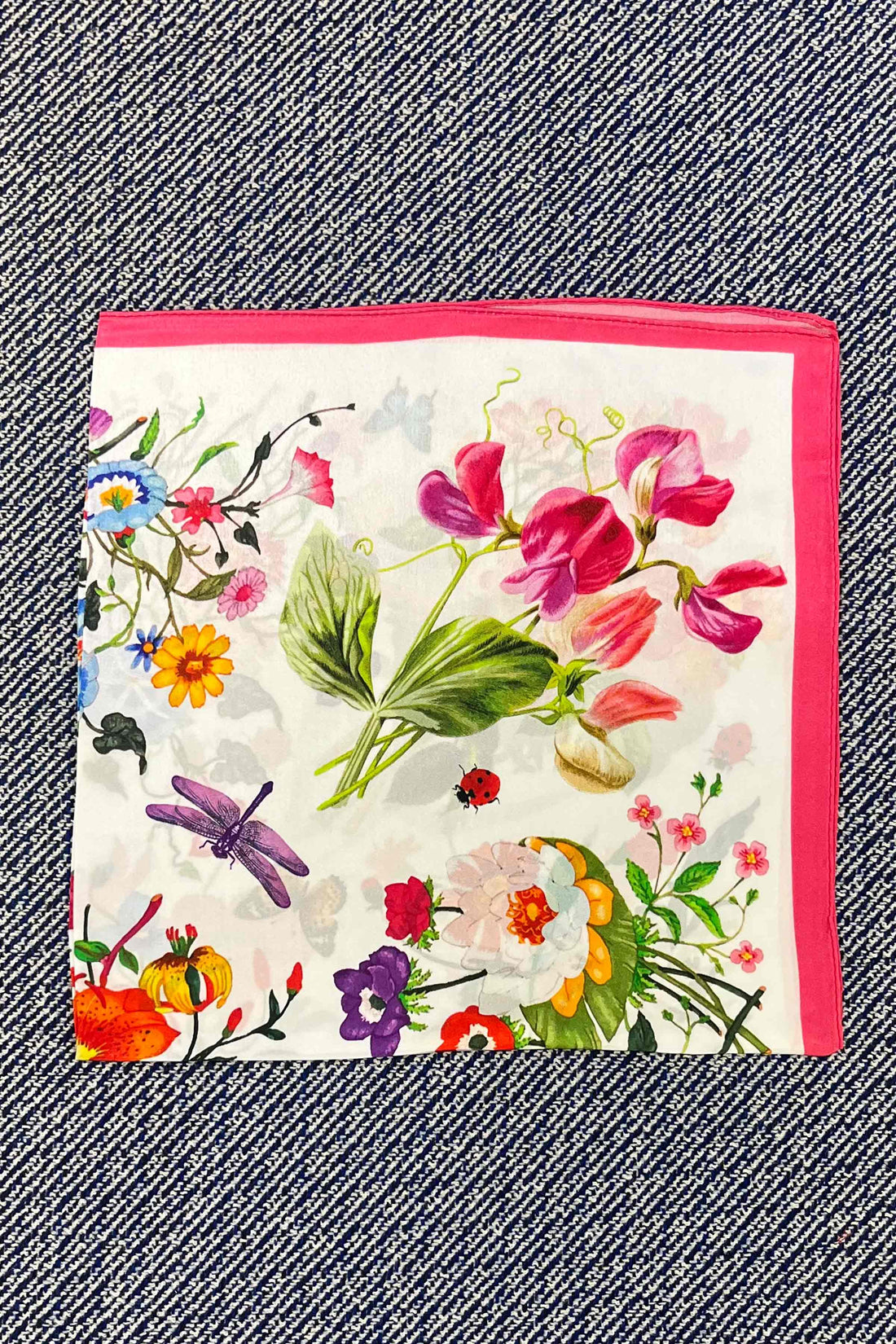 Silk scarf off white/pink/multi flower/butterflies