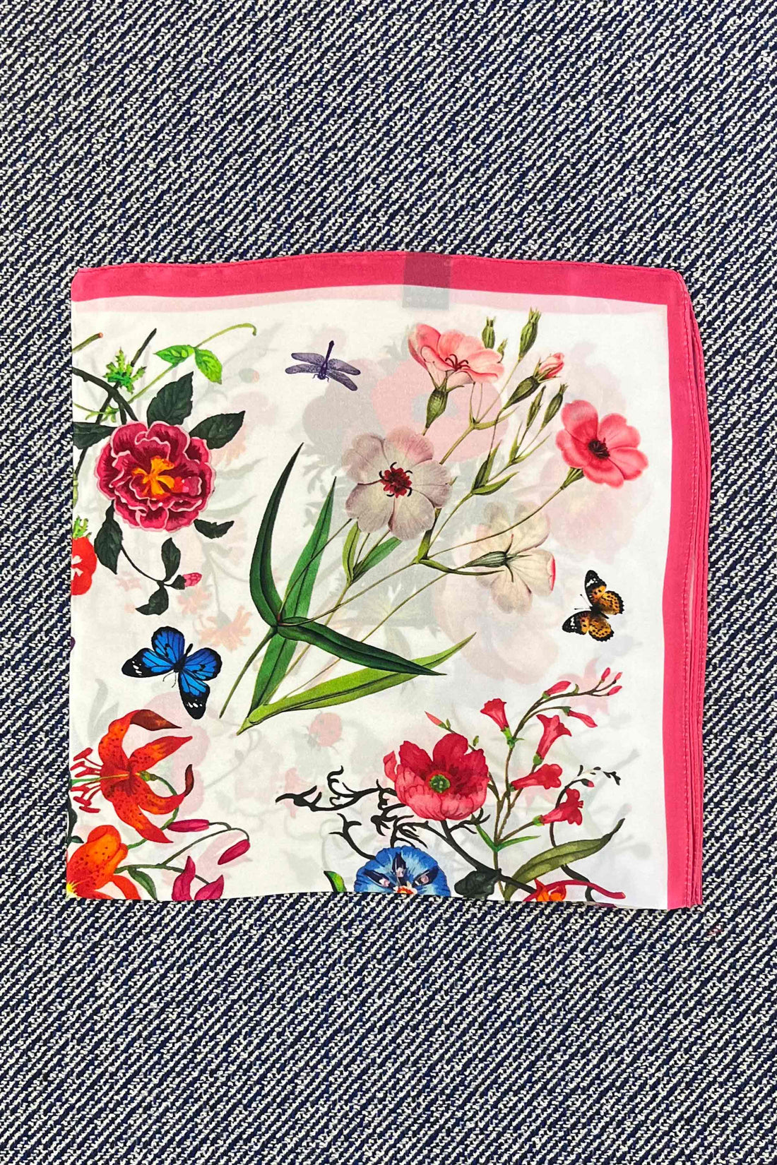 Silk scarf off white/pink/multi flower/butterflies