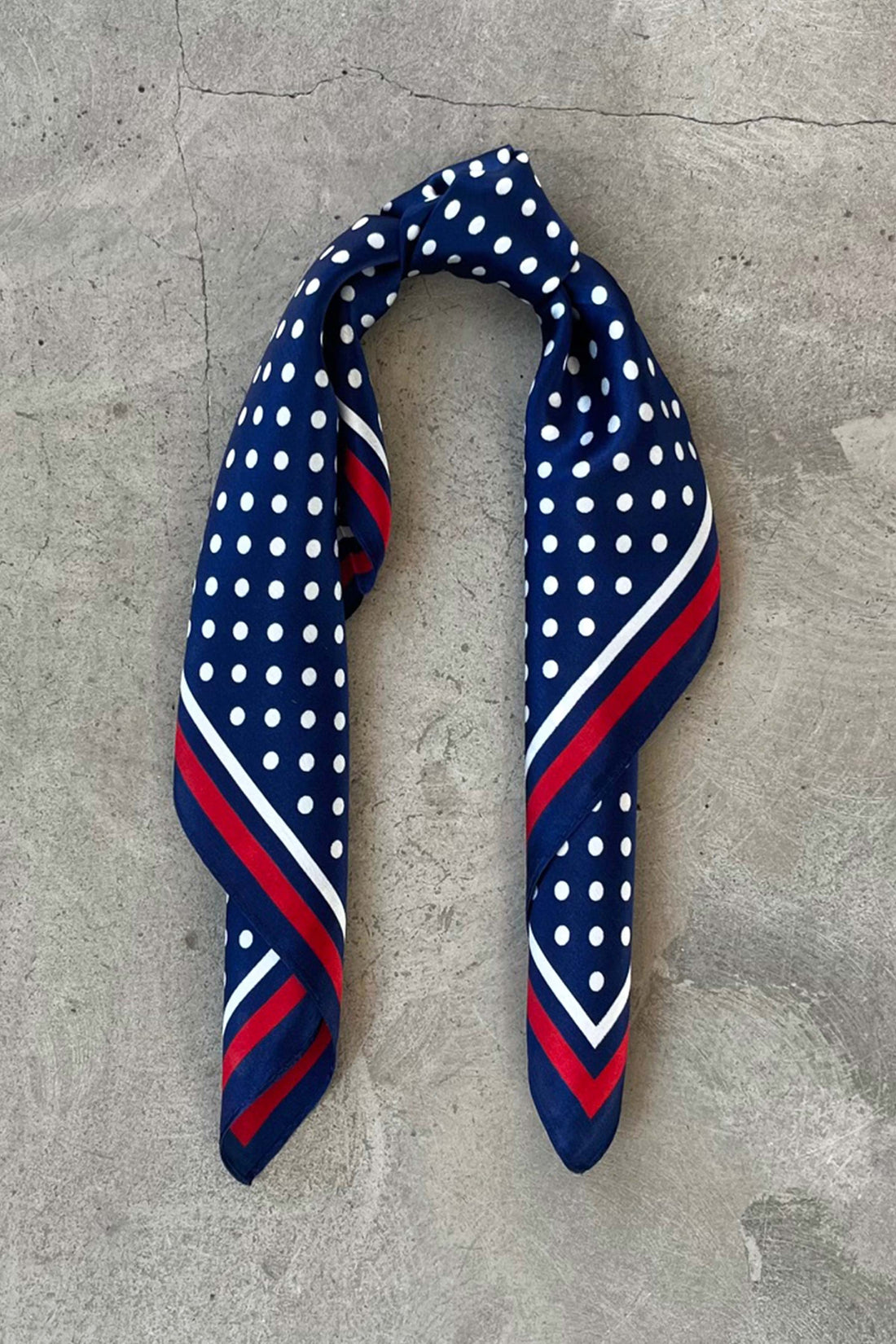 Silk scarf navy/white dots/red stripe