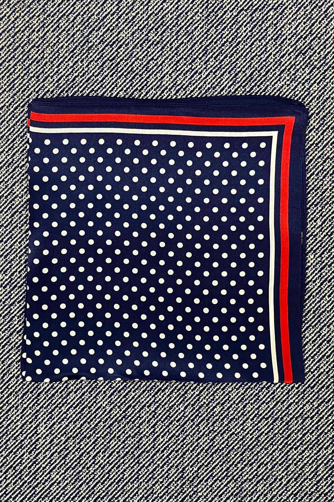 Silk scarf navy/white dots/red stripe