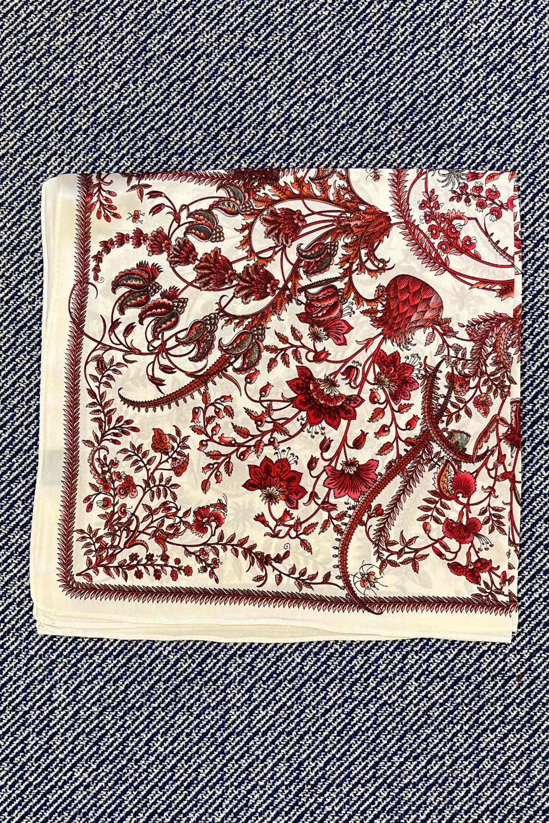 Silk scarf off white/red flowers/butterflies