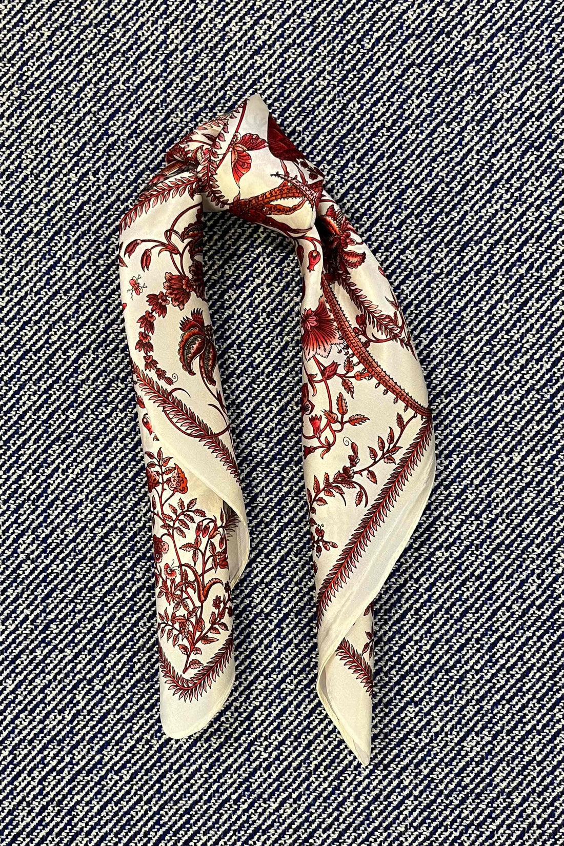 Silk scarf off white/red flowers/butterflies