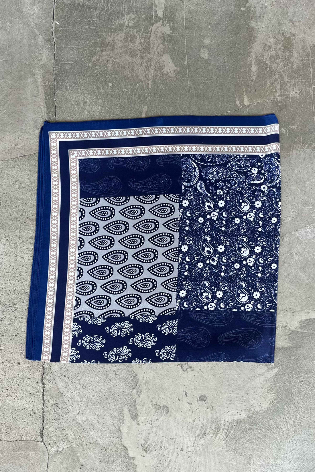 Silk scarf cream/navy patchwork paisley