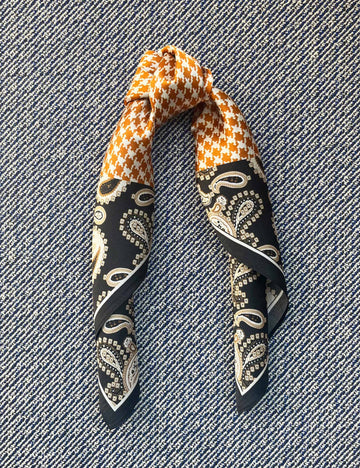 Silk scarf black paisley/burned orange graphic