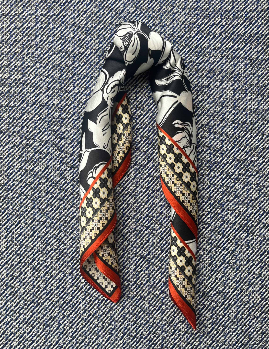 Silk scarf cream japanese flower/grey graphic