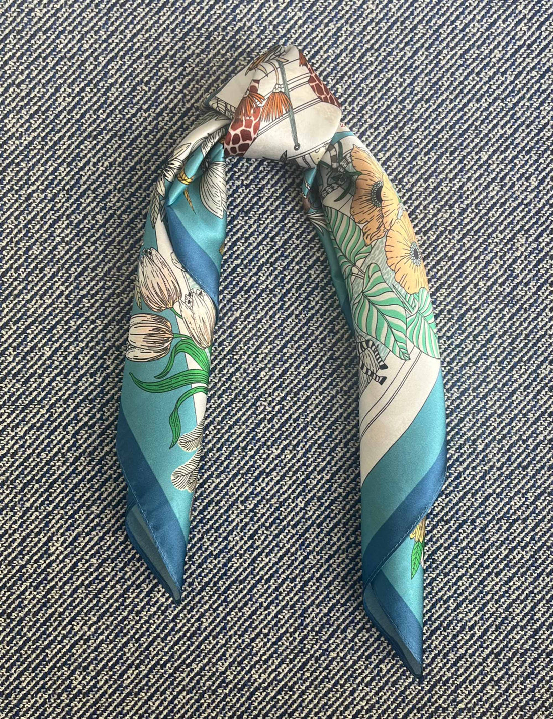 Silk scarf blue multi animals/flowers