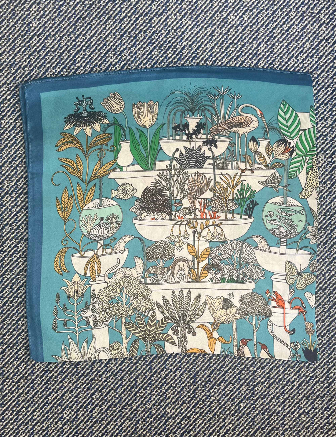 Silk scarf blue multi animals/flowers