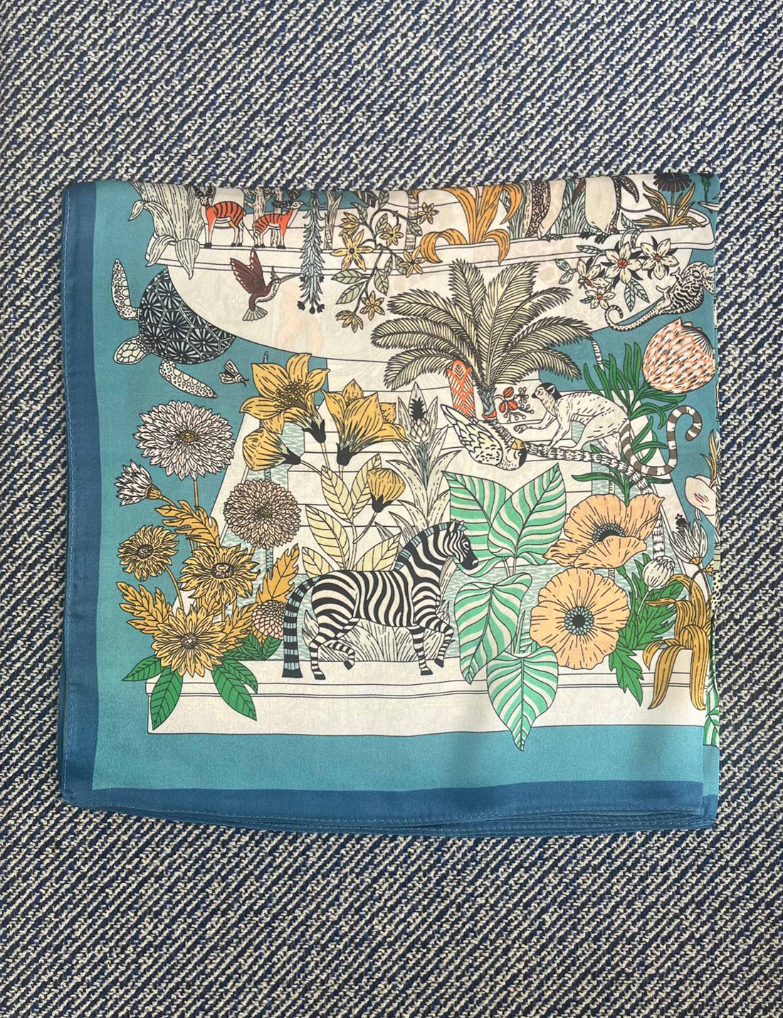 Silk scarf blue multi animals/flowers