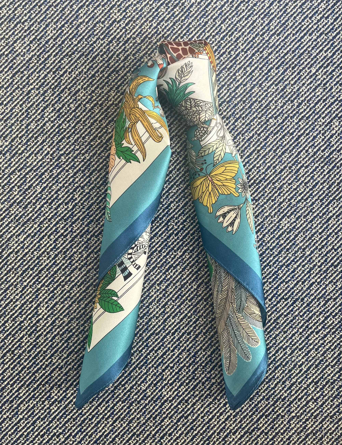 Silk scarf blue multi animals/flowers