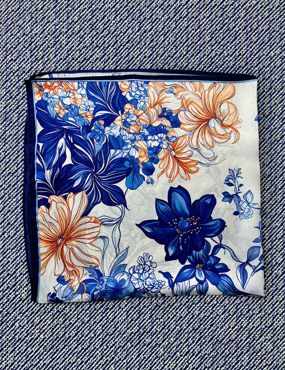 Silk scarf cream blue/orange flower