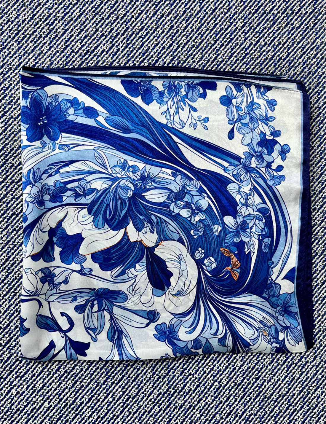 Silk scarf cream blue/orange flower