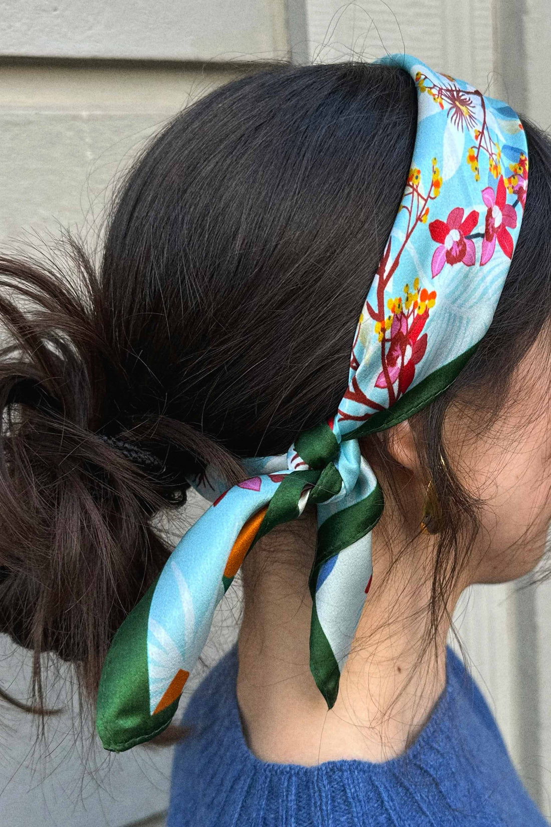 Silk scarf cream/light blue multi flower