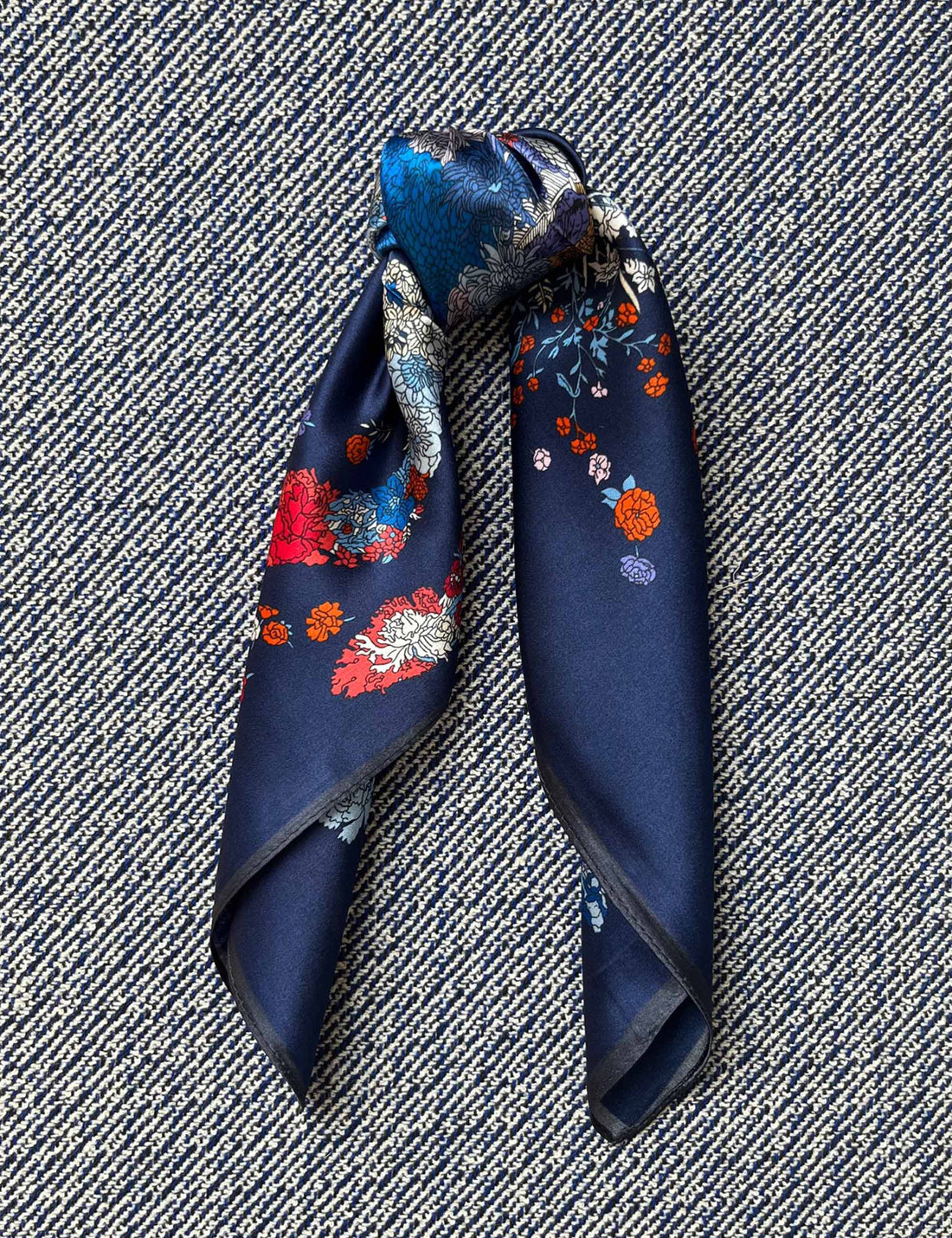 Silk scarf deep blue/bright multi flower