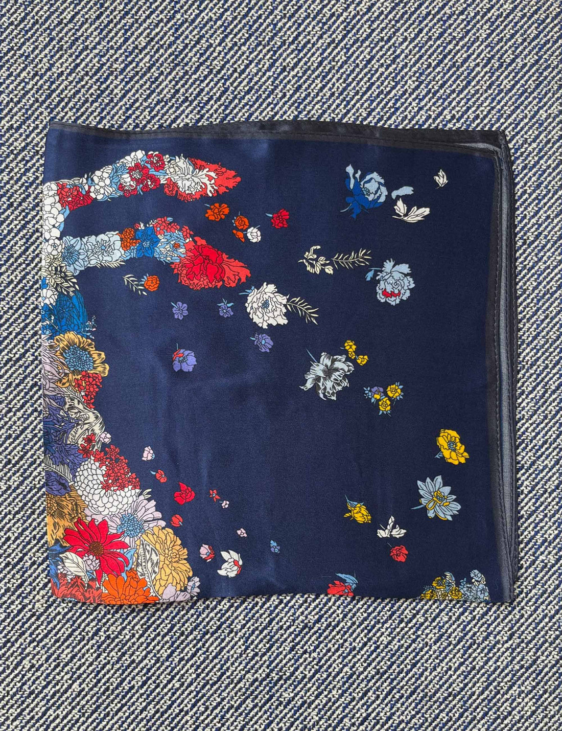Silk scarf deep blue/bright multi flower