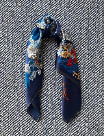 Silk scarf deep blue/bright multi flower