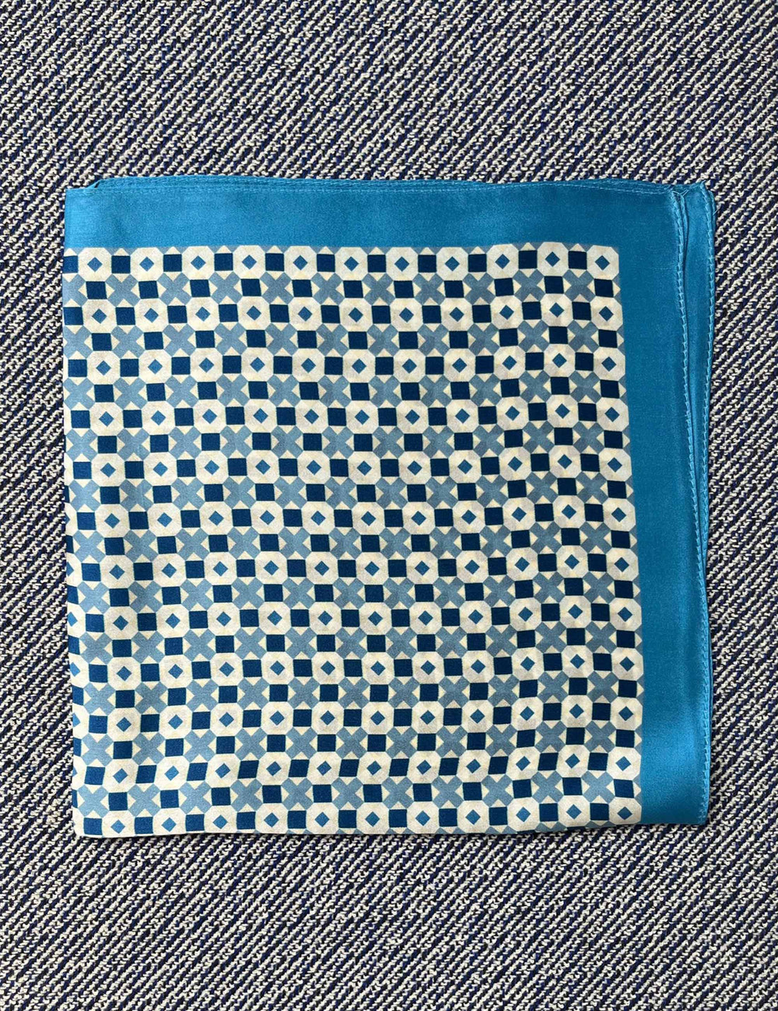 Silk scarf cyan blue/white graphic