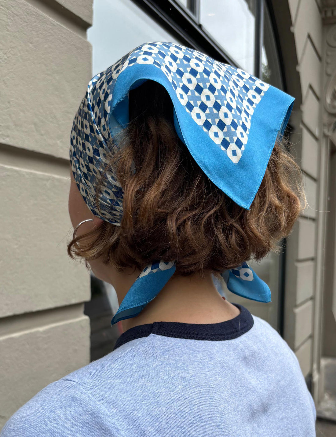 Silk scarf cyan blue/white graphic
