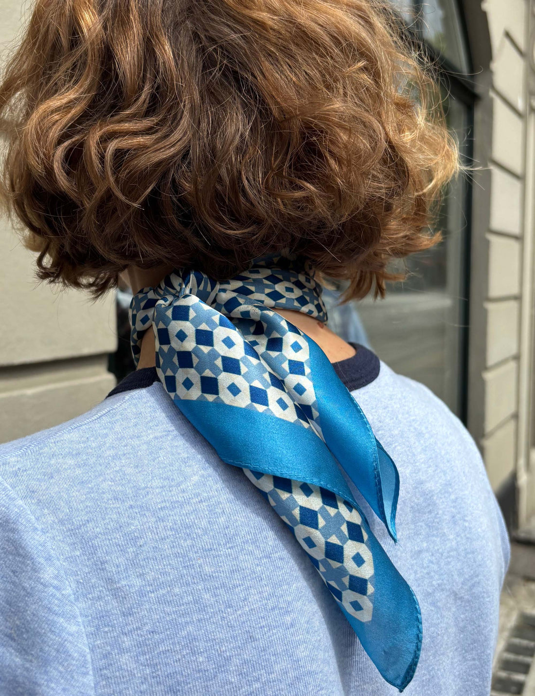 Silk scarf cyan blue/white graphic
