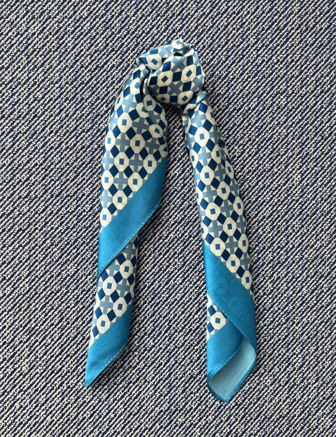 Silk scarf cyan blue/white graphic